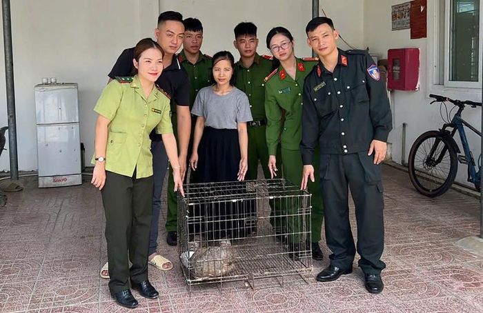Đội Cảnh sát bảo vệ mục tiêu Công an Nghệ An bàn giao cá thể tê tê cho Ủy ban nhân dân phường Vinh Lộc. Ảnh: Công an Nghệ An