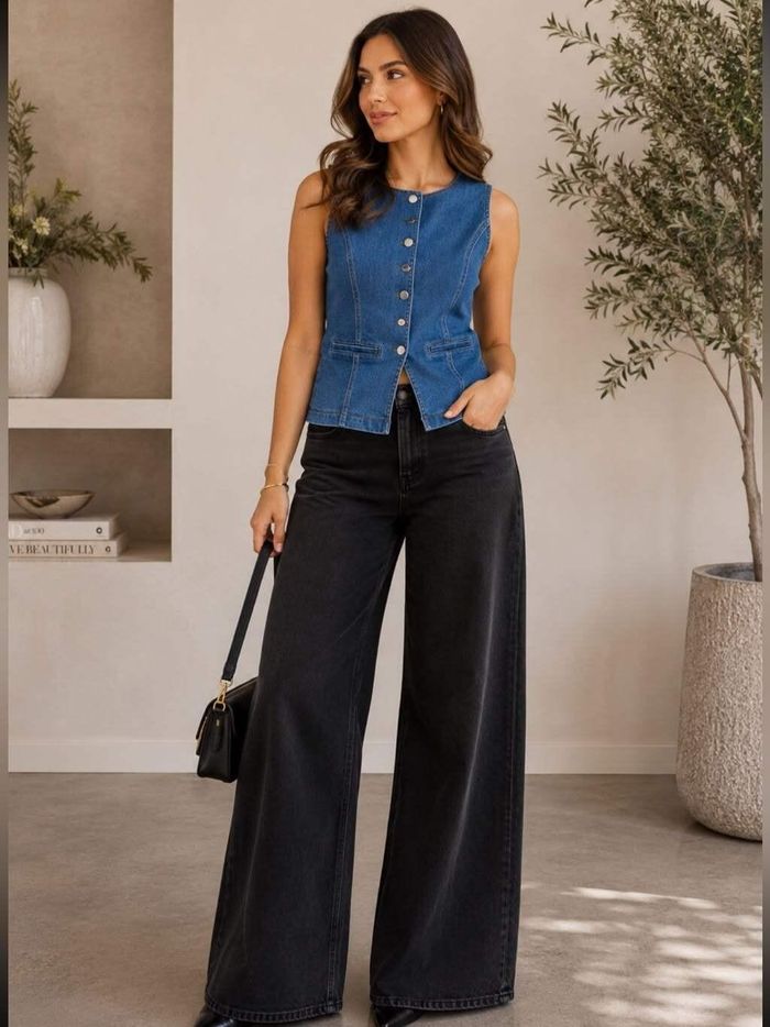 Diện mạo trẻ trung hơn khi mix gile vest với quần jeans. 