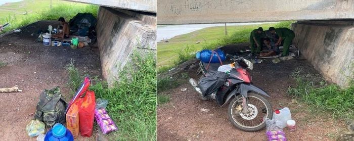 Ông T. sống lang tháng dưới gầm cầu Mã Đà. Ảnh: CA.