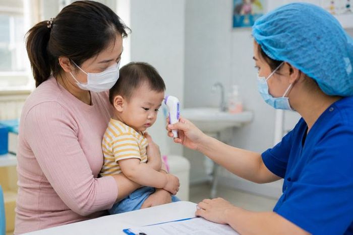 Kiểm tra nhiệt độ cho trẻ sau tiêm vaccine.