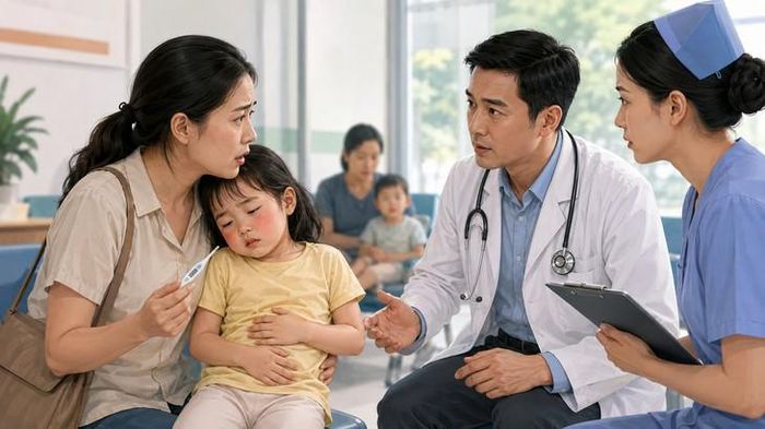 Trẻ sốt kèm khó thở, li bì, co giật, nôn nhiều, đau bụng dữ dội hoặc chảy máu bất thường cần được đưa đến cơ sở y tế sớm. Hình minh họa AI