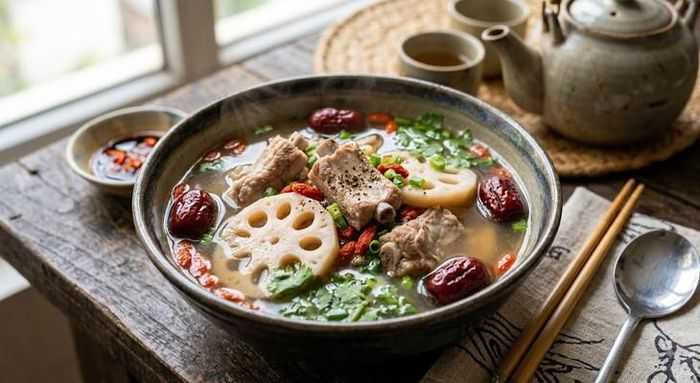 Canh củ sen - sườn non, táo đỏ, kỷ tử giúp cơ thể phục hồi độ ẩm khi thời tiết hanh khô của mùa thu. Ảnh: AI.