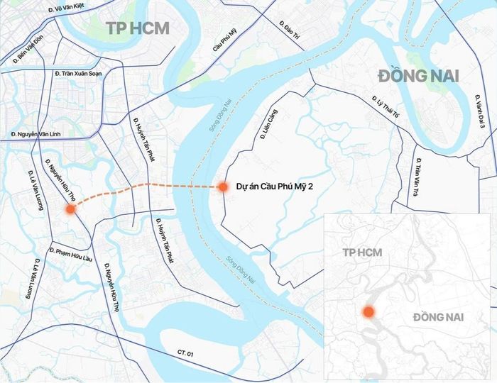 Hướng tuyến dự án cầu Phú Mỹ 2. Ảnh bản đồ.