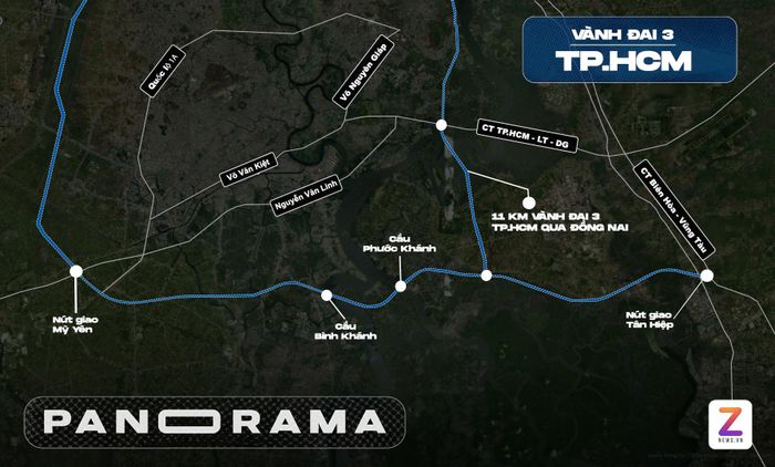 Hướng tuyến 11 km Vành đai 3 TP.HCM đoạn qua TP Đồng Nai. Đồ họa: Quỳnh Danh.