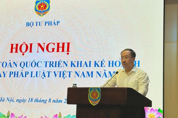 Cục trưởng Cục Phổ biến, giáo dục pháp luật và Trợ giúp pháp lý Cù Thu Anh phát biểu tại Hội nghị - Ảnh: chinhphu.vn/Diệu Anh