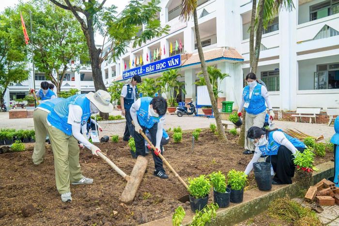 Tình nguyện viên trồng 500 cây xanh trong khuôn viên trường Tiểu học Nguyễn Huệ.