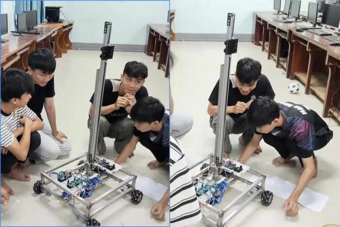 Nhóm học sinh cùng mày mò nghiên cứu sản phẩm robot từ các thiết bị đầu tiên.