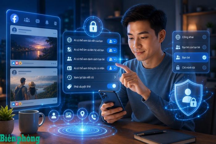 Thực hiện kiểm tra và điều chỉnh các thiết lập riêng tư sẽ giúp hạn chế đối tượng xem bài viết và thông tin cá nhân trên ứng dụng mạng xã hội Facebook. Đồ họa: Thái Bình