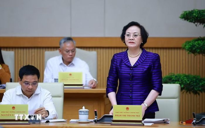 Phó Thủ tướng Phạm Thị Thanh Trà phát biểu tại Phiên họp Chính phủ chuyên đề về xây dựng pháp luật tháng 8 năm 2026. (Ảnh: Dương Giang/TTXVN)