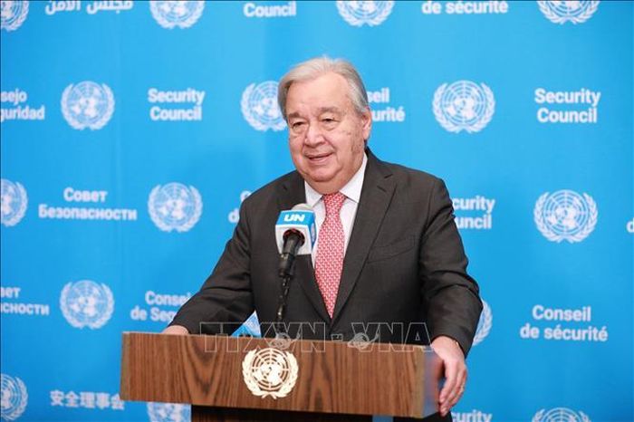 Tổng thư ký LHQ Antonio Guterres phát biểu tại cuộc họp báo ở New York, Mỹ. Ảnh: THX/TTXVN phát