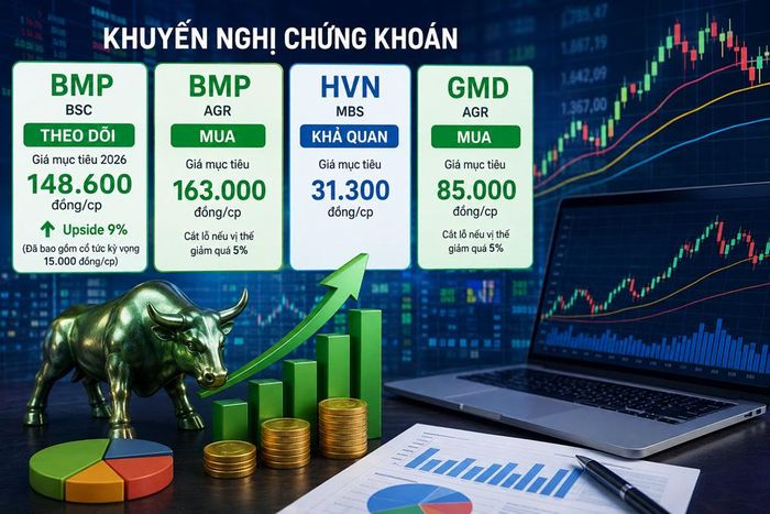 Các công ty chứng khoán đưa ra khuyến nghị mua đối với cổ phiếu BMP và GMD, trong khi đánh giá khả quan đối với HVN. Ảnh minh họa do AI tạo