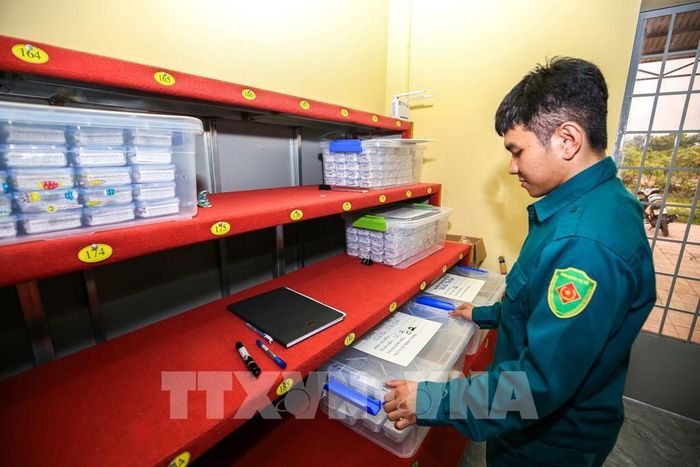 Mẫu hài cốt sau khi lấy được xử lý, bảo quản theo quy định để phục vụ giám định ADN. Ảnh: Giang Phương - TTXVN