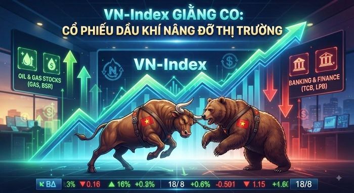 Thị trường chứng khoán phiên 18/8 với sự giằng co giữa phe mua và phe bán; trong đó, nhóm cổ phiếu dầu khí đóng vai trò nâng đỡ chỉ số VN-Index trước áp lực bán lan rộng. Ảnh minh họa do AI tạo