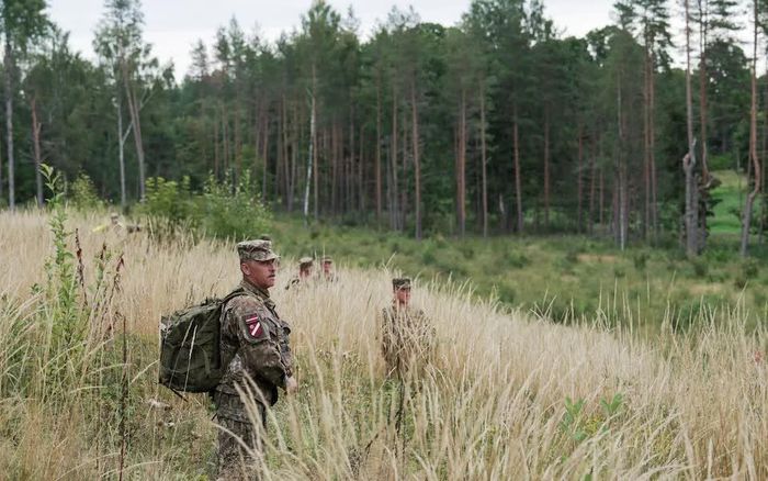 Binh sĩ Latvia tìm kiếm mảnh vỡ của UAV xâm nhập không phận bị đánh chặn . Ảnh: Reuters.