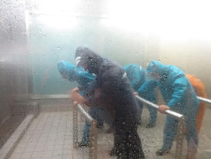Du khách trải nghiệm sức mạnh của siêu bão và những trận mưa lớn tại một trung tâm mô phỏng ở Nhật Bản. Ảnh: QQ.com