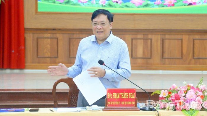 Đồng chí Phạm Thành Ngại phát biểu tại buổi làm việc với Ban Thường vụ Đảng ủy xã Tân Phước 1.