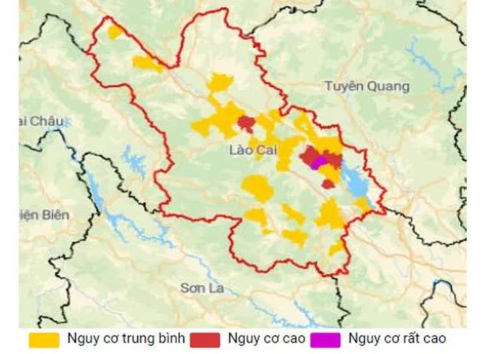 Bản đồ nguy cơ lũ quét, sạt lở đất trên các khu vực tỉnh Lào Cai trong 6 giờ tới.