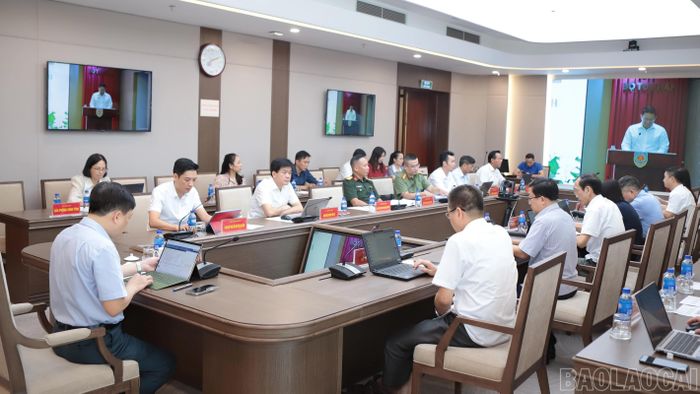 Quang cảnh hội nghị tại điểm cầu tỉnh Lào Cai.