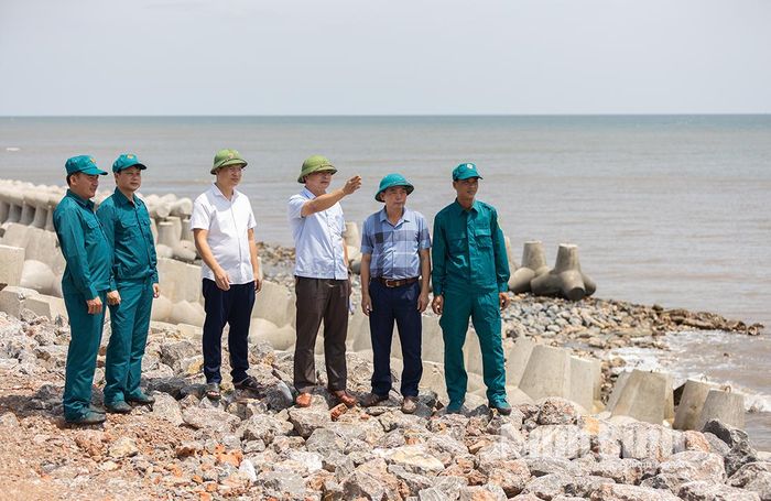 Lãnh đạo xã Hải Thịnh kiểm tra đê kè biển trên địa bàn. Ảnh Viết Dư