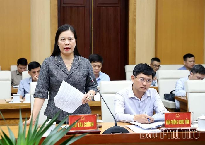 Giám đốc Sở Tài chính Vương Thị Bẩy báo cáo tại hội nghị.