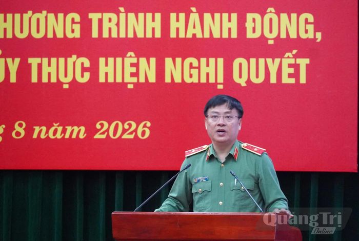 Đồng chí Thiếu tướng Nguyễn Thanh Liêm, Giám đốc Công an tỉnh quán triệt chuyên đề tại hội nghị - Ảnh: X.P