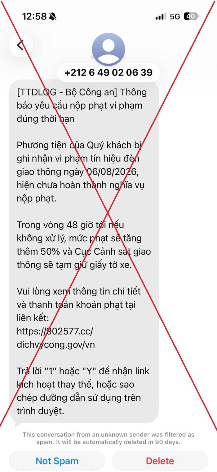 Nội dung tin nhắn giả mạo. Nguồn: Cục CSGT