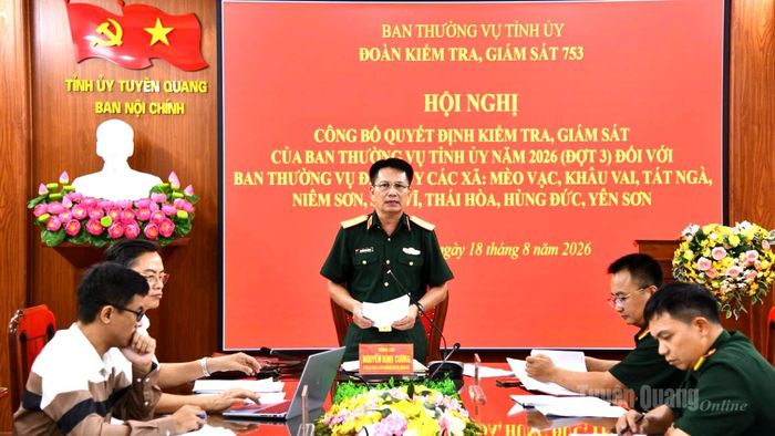 Thiếu tướng Nguyễn Đình Cương, Trưởng Đoàn kiểm tra giám sát số 753 phát biểu tại hội nghị.