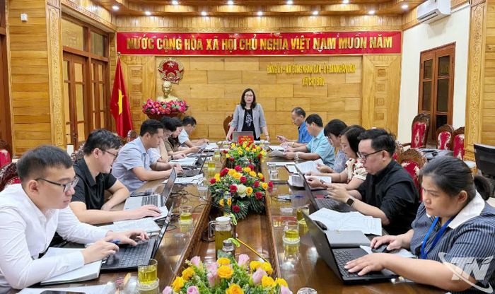 Đồng chí Trần Thị Lộc phát biểu tại buổi làm việc với UBND xã Chợ Đồn về công tác quản lý đất đai.