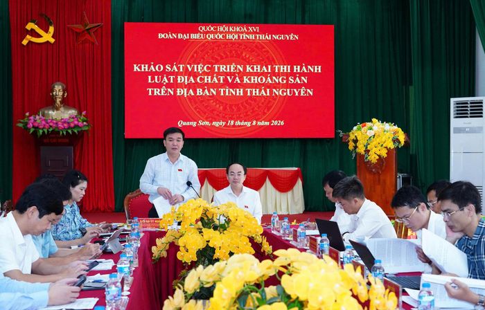 Phó Trưởng Đoàn chuyên trách Đoàn ĐBQH tỉnh Thái Nguyên Hà Sỹ Huân, phát biểu tại buổi khảo sát. Ảnh: Đồng Thưởng