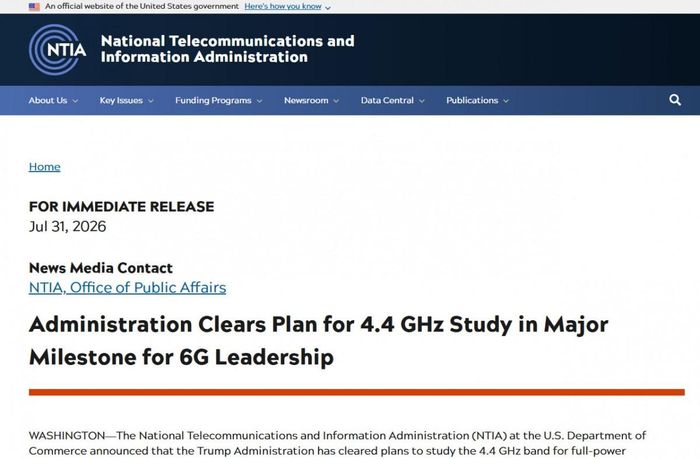 Trang thông báo NTIA công bố kế hoạch nghiên cứu băng tần 4.4 GHz cho mạng 6G của Hoa Kỳ. Ảnh chụp màn hình