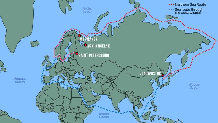 Một chuyến tàu từ St. Petersburg đến Thượng Hải qua Tuyến đường biển phương Bắc chỉ mất khoảng 28 ngày, so với 50 ngày nếu đi qua kênh đào Suez. Ảnh: Gateway to Russia