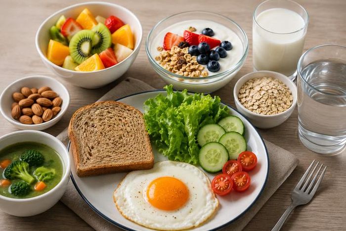 Gợi ý những thực phẩm cho bữa sáng phù hợp với người bệnh gout. Ảnh minh họa AI.