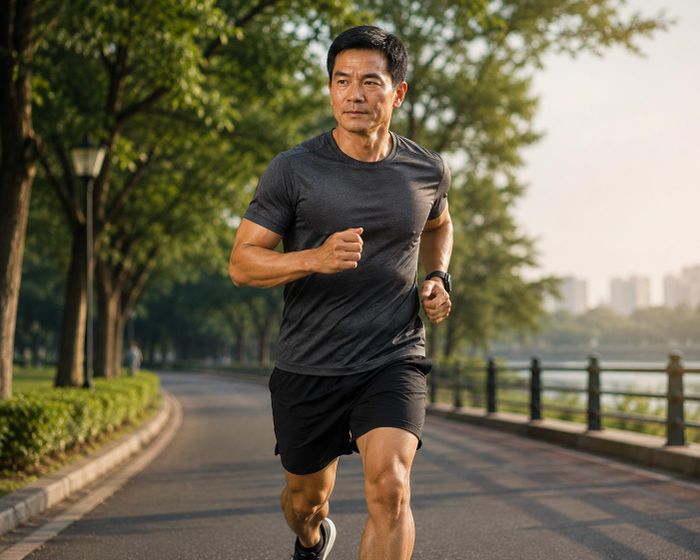 Chạy bộ mang lại nhiều lợi ích cho nam giới thừa cân, có mỡ máu cao hoặc ít vận động. Ảnh minh họa AI.