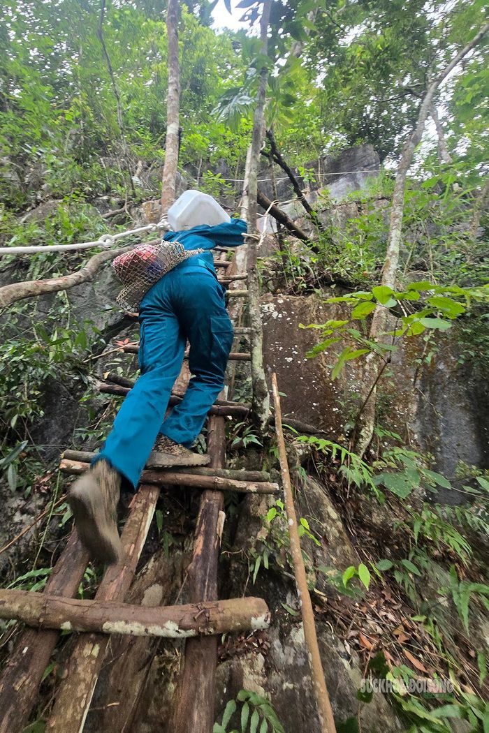 Những bậc thang bằng cây được dựng tạm trên đoạn núi dốc đứng. Ảnh: Tuấn Anh