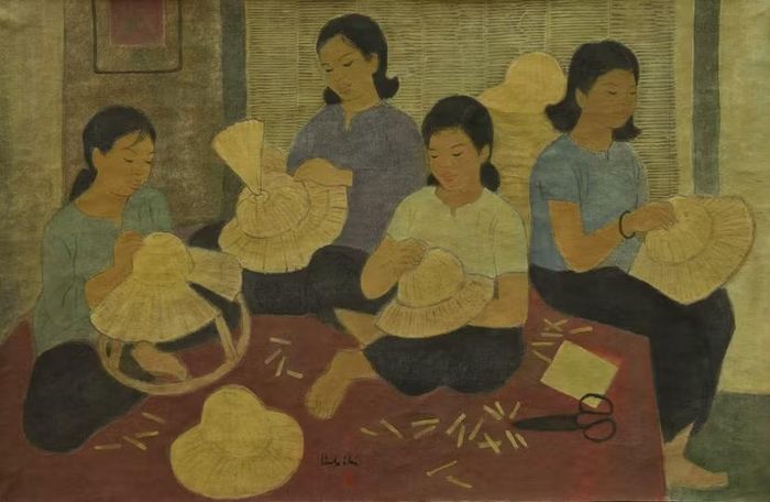 Tác phẩm "Đan mũ" của họa sĩ Linh Chi, lụa, 1964