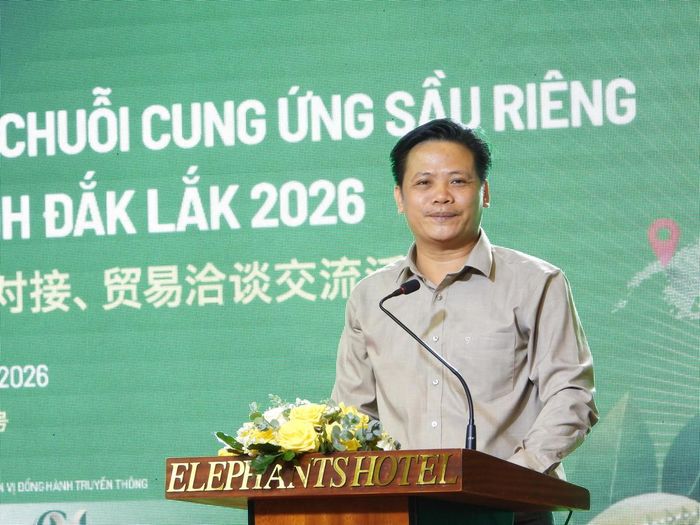 Ông Lê Anh Trung, Chủ tịch Hiệp hội Sầu riêng Đắk Lắk phát biểu tại chương trình. Ảnh: Thanh Nga.