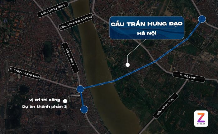  Dự án cầu Trần Hưng Đạo nằm giữa cầu Chương Dương và Vĩnh Tuy, có chiều dài 4,18 km; điểm đầu tại ngã 5 Trần Hưng Đạo - Trần Thánh Tông - Lê Thánh Tông (thuộc phường Cửa Nam và Hai Bà Trưng); điểm cuối kết nối với phố Nguyễn Sơn (thuộc phường Long Biên và Bồ Đề). Dự án thành phần 3 cầu Trần Hưng Đạo được thi công tại đường Trần Khánh Dư và đường đê Nguyễn Khoái. Đồ họa: Đinh Hà. 