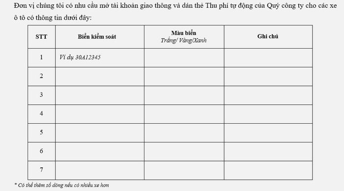 Doanh nghiệp có thể đăng ký xe liên kết với tài khoản giao thông VETC tại thời điểm điền biểu mẫu.