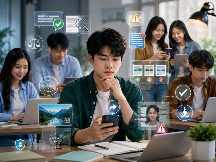 Gen Z cần trang bị tư duy phản biện, khả năng kiểm chứng thông tin và ý thức trách nhiệm để làm chủ công nghệ, thay vì bị dẫn dắt bởi thế giới số. Ảnh minh họa từ AI
