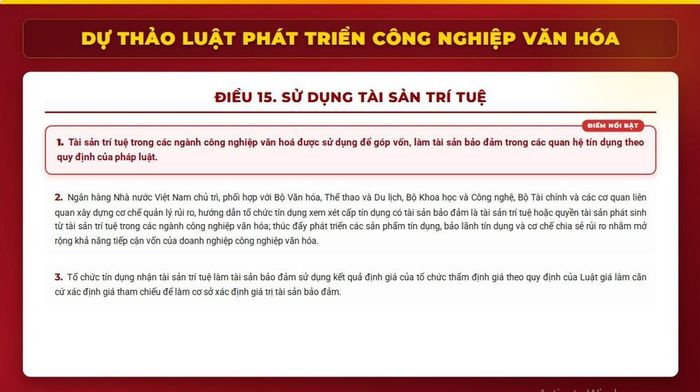 Một phần nội dung trong Điều 15 - Dự thảo Luật Phát triển Công nghiệp văn hóa, trong đó quy định nội dung Sử dụng Tài sản trí tuệ