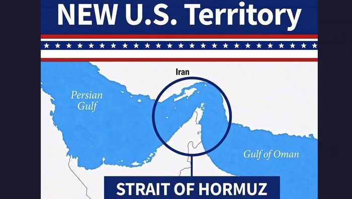  Tấm bản đồ eo biển Hormuz có chú thích "lãnh thổ mới của Mỹ". Ảnh: THE MEDIA LINE 