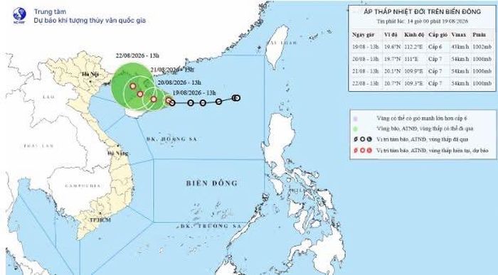 Vị trí áp thấp nhiệt đới chiều 19-8. Nguồn: Trung tâm Dự báo khí tượng - thủy văn quốc gia