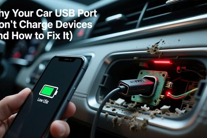 Cổng USB ô tô bị bụi bẩn và hư hỏng bên trong, gây sạc chậm hoặc không nhận thiết bị. Ảnh: Derek Muller