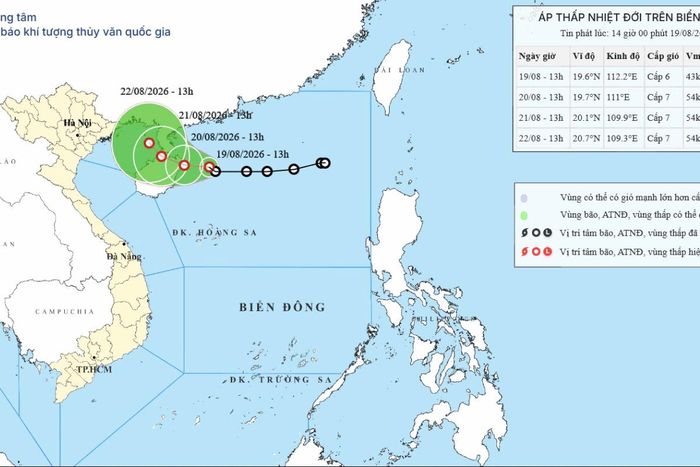 Áp thấp nhiệt đới mạnh lên (Bản đồ dự báo lúc 14h00 ngày 19/8/2026).