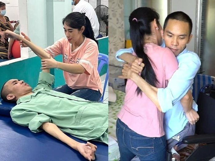 Chăm sóc người liệt tứ chi khiến chị Trúc thường xuyên đau mỏi lưng vì phải khom người, nâng đỡ chồng và thực hiện nhiều công việc nặng. Ảnh: NVCC