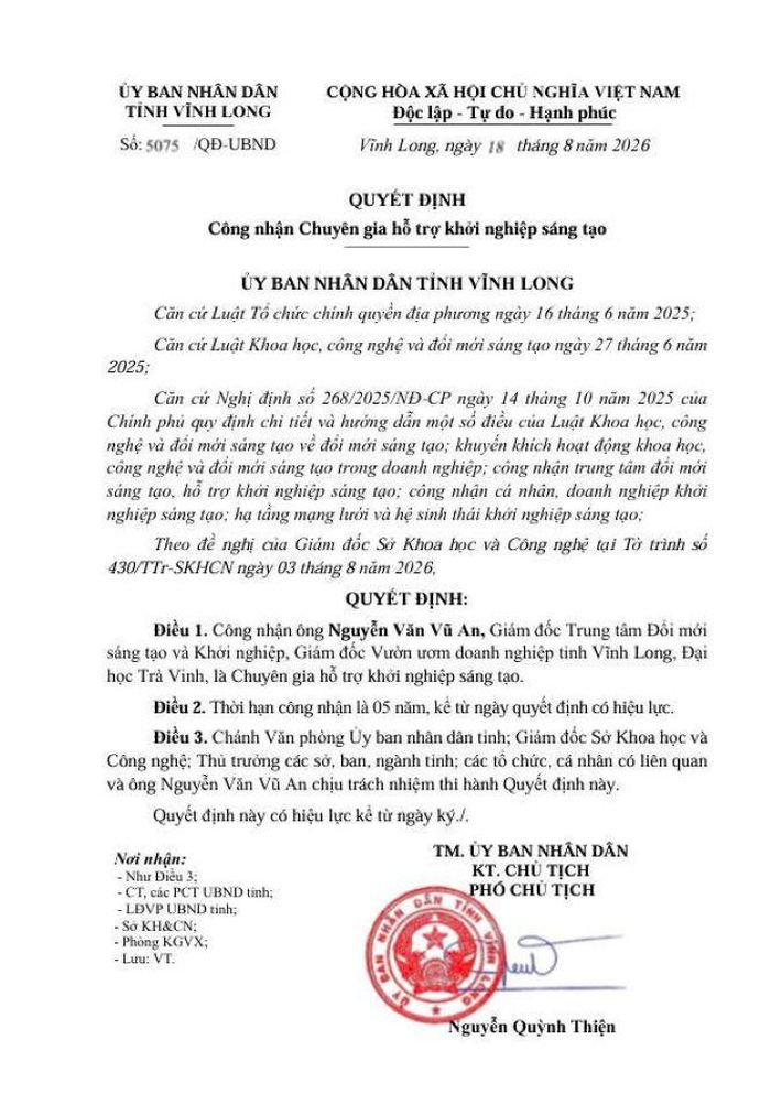 Quyết định của UBND tỉnh Vĩnh Long công nhận ông Nguyễn Văn Vũ An là Chuyên gia hỗ trợ khởi nghiệp sáng tạo trong thời hạn 5 năm