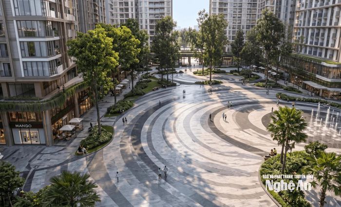 Phối cảnh quảng trường thuộc tổ hợp nhà ở, thương mại, dịch vụ do Sun Group làm chủ đầu tư tại phường Trường Vinh. Ảnh: CSCC