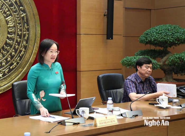 Phó trưởng Đoàn chuyên trách Đoàn ĐBQH tỉnh Thái Thị An Chung điều hành thảo luận tổ. Ảnh: Khánh Duy