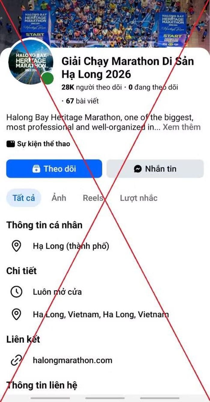 Fanpage giả mạo Giải chạy Marathon Quốc tế Di sản Hạ Long. (Nguồn: Công an tỉnh Quảng Ninh)