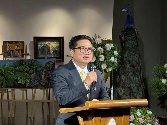 Tổng Lãnh sự Đinh Hoàng Linh phát biểu khai mạc Triển lãm hội họa chào mừng kỷ niệm 50 năm ngày thiết lập quan hệ ngoại giao Việt Nam - Thái Lan. (Ảnh: PV/Vietnam+)